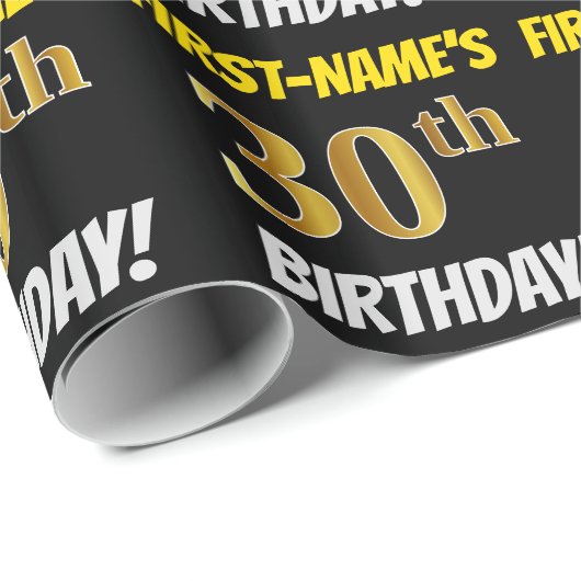 Zwart, Faux/Imitation Gold, "30th BIRTHDAY" Cadeaupapier (Rol Hoek)