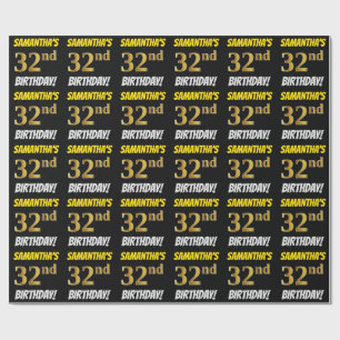 Zwart, Faux/Imitation Gold, "32nd BIRTHDAY" Cadeaupapier