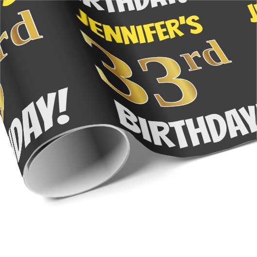 Zwart, Faux/Imitation Gold, "33rd BIRTHDAY" Cadeaupapier (Rol Hoek)
