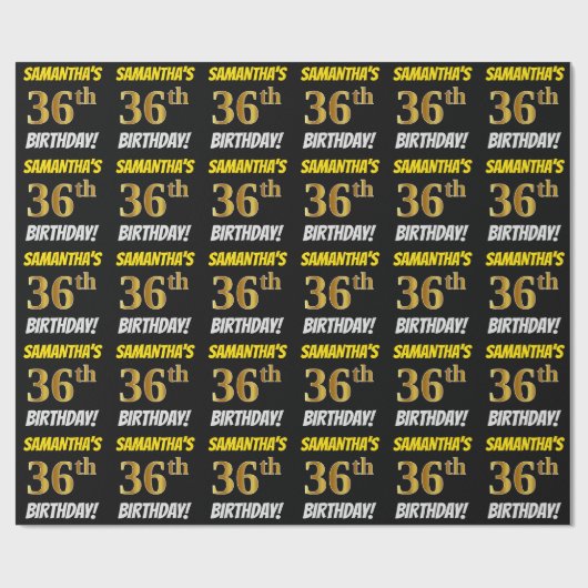 Zwart, Faux/Imitation Gold, "36th BIRTHDAY" Cadeaupapier (Vlak)