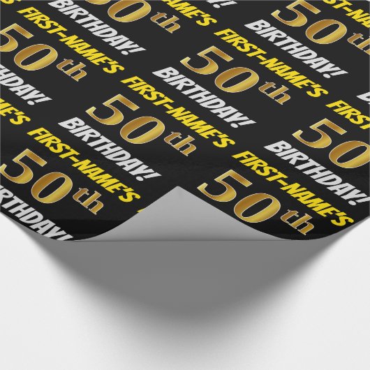 Zwart, Faux/Imitation Gold, "50th BIRTHDAY" Cadeaupapier (Hoek)