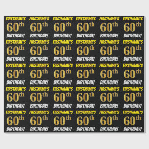 Zwart, Faux/Imitation Gold, "60th BIRTHDAY" Cadeaupapier