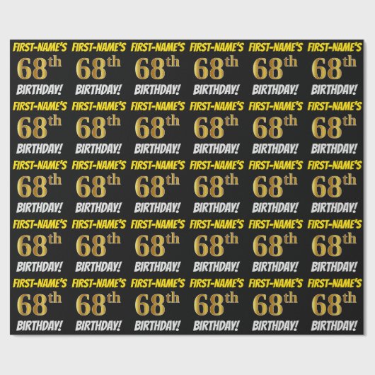 Zwart, Faux/Imitation Gold, "68th BIRTHDAY" Cadeaupapier (Vlak)