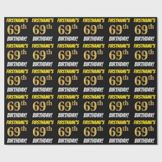 Zwart, Faux/Imitation Gold, "69th BIRTHDAY" Cadeaupapier (Vlak)