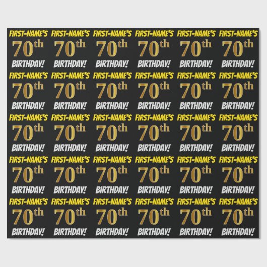 Zwart, Faux/Imitation Gold, "70th BIRTHDAY" Cadeaupapier (Vlak)