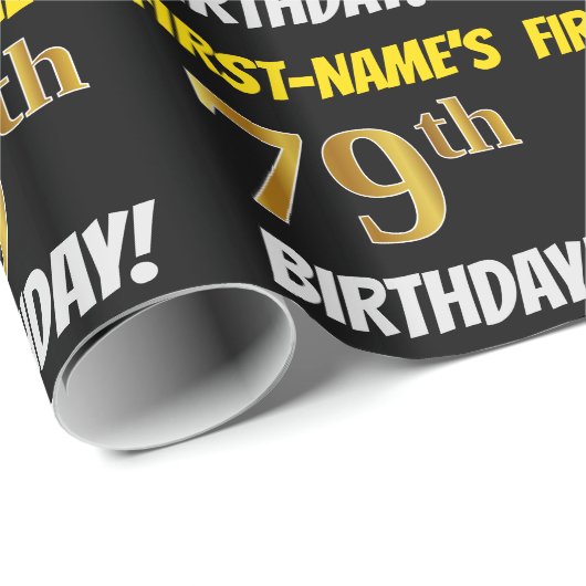 Zwart, Faux/Imitation Gold, "79th BIRTHDAY" Cadeaupapier (Rol Hoek)