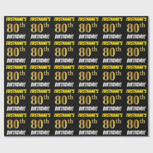 Zwart, Faux/Imitation Gold, "80th BIRTHDAY" Cadeaupapier