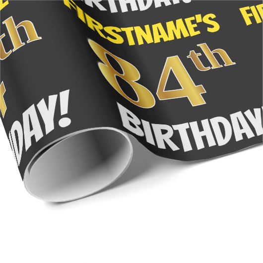 Zwart, Faux/Imitation Gold, "84th BIRTHDAY" Cadeaupapier (Rol Hoek)