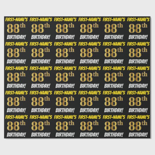 Zwart, Faux/Imitation Gold, "88th BIRTHDAY" Cadeaupapier (Vlak)