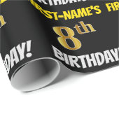 Zwart, Faux/Imitation Gold, "8th BIRTHDAY" Cadeaupapier (Rol Hoek)