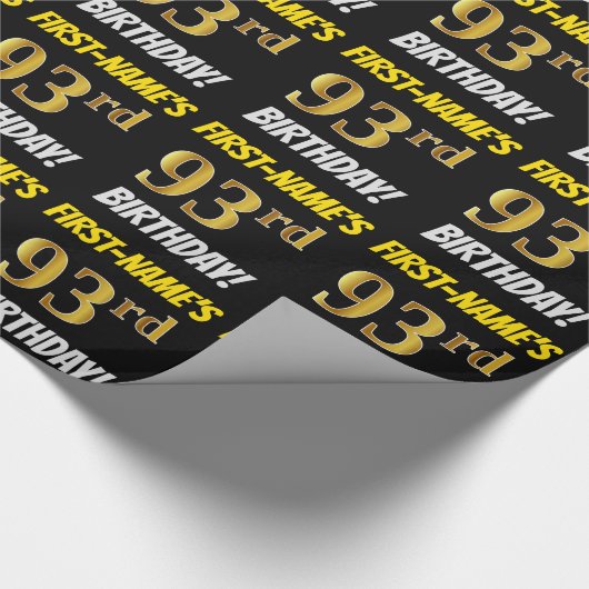 Zwart, Faux/Imitation Gold, "93rd BIRTHDAY" Cadeaupapier (Hoek)