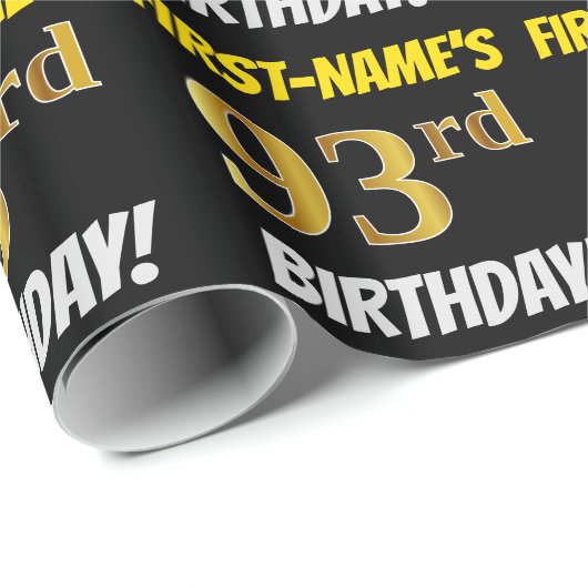 Zwart, Faux/Imitation Gold, "93rd BIRTHDAY" Cadeaupapier (Rol Hoek)