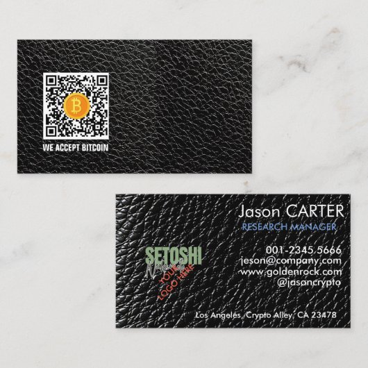 zwart faux leder accepteren bitcoin modern visitekaartje (Voorkant / Achterkant)