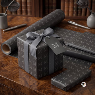 Zwart Faux Leer met Textuur en Monogram Patroon Cadeaupapier