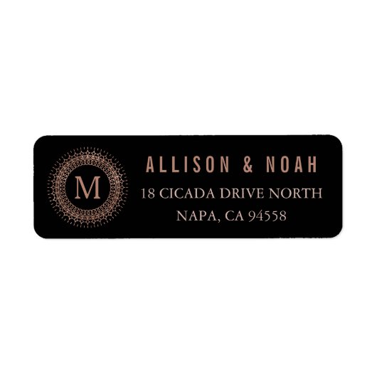 Zwart & Faux Roos Goud Deco Initiaal Monogram Etiket (Voorkant)