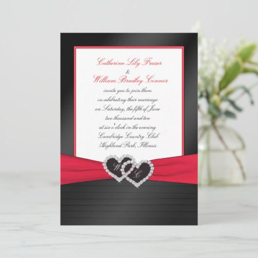 Zwart FAUX Satijnen plooien, harten Monogram uitno Kaart (Staand voorkant)