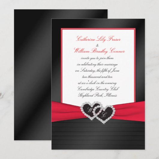 Zwart FAUX Satijnen plooien, harten Monogram uitno Kaart (Voorkant / Achterkant)