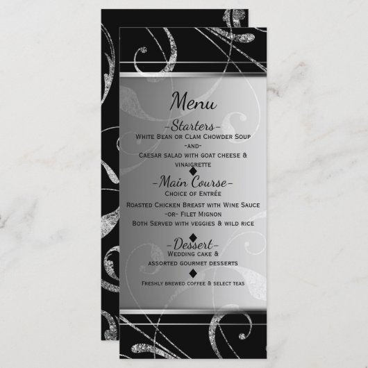 Zwart & Faux Zilver Bloemen Swirl Elegant Menu (Voorkant / Achterkant)