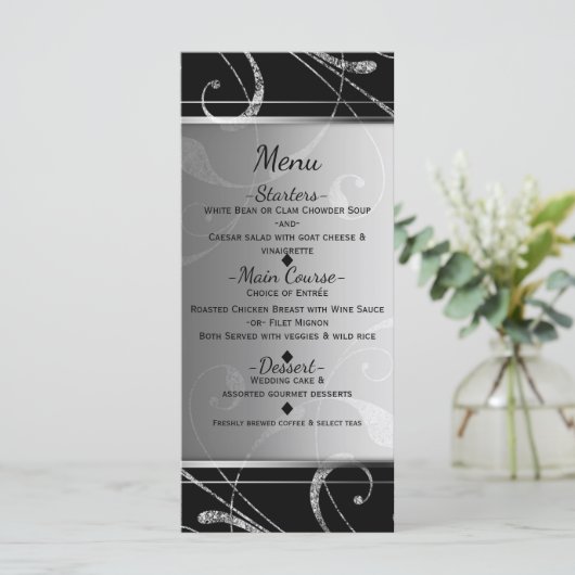 Zwart & Faux Zilver Bloemen Swirl Elegant Menu (Staand voorkant)