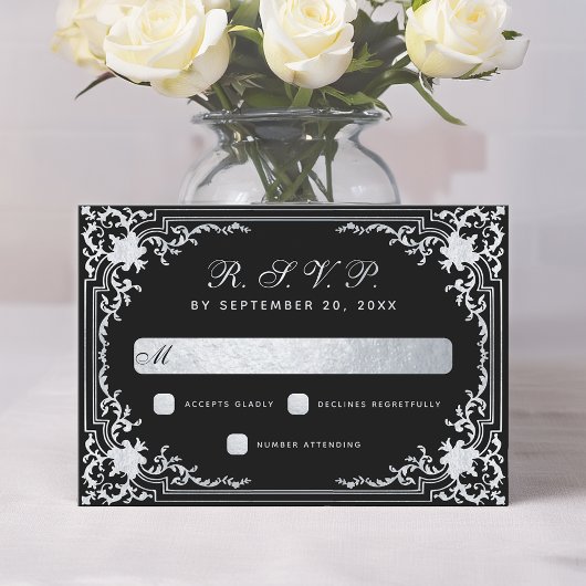 Zwart Faux Zilver  Elegant Script Bruiloft RSVP Kaartje