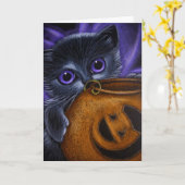 ZWART FEE KITTEN KAT HALLOWEEN POMPOEN MAND KAART (Gele Bloem)