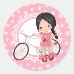 Zwart fietsenmeisje met wieltjes - Roze wit Ronde Sticker
