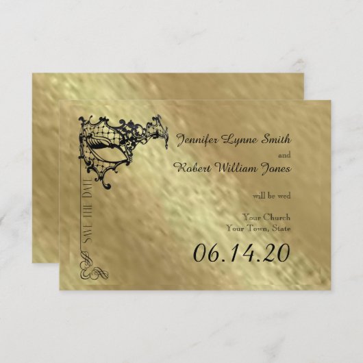 Zwart filigraan masker op goud Bewaar de datum Save The Date (Voorkant / Achterkant)