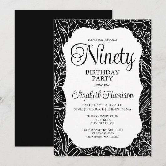 Zwart Flora Vrouw 90e Verjaardagsfeestje Kaart (Voorkant / Achterkant)