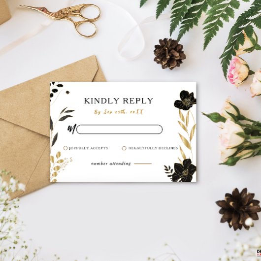 Zwart Floral Elegant Bruiloft RSVP Response Kaart
