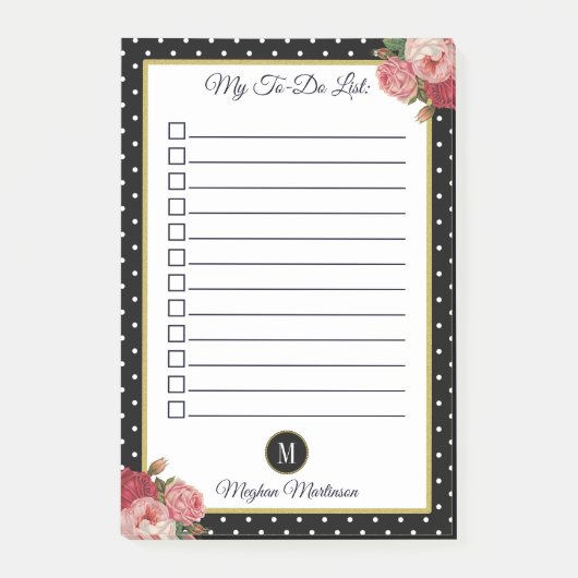 Zwart Floral Monogram Polka Dots Naam Te Doen Lijs Post-it® Notes (Voorkant)