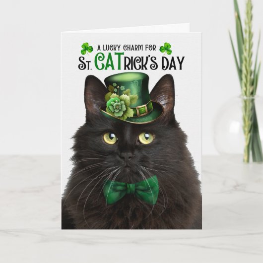 Zwart Fluffy Cat St. CATrick's Day Lucky Charm Feestdagen Kaart (Voorkant)