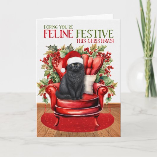 Zwart Fluffy Kerstmis Kat FELINE Feestelijk Feestdagen Kaart (Voorkant)