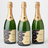 Zwart fluweel bloemen sparkling wijnetiket (Flessen)