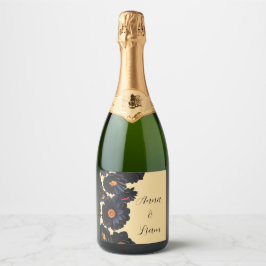 Zwart fluweel bloemen sparkling wijnetiket