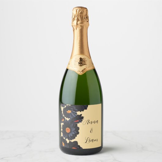 Zwart fluweel bloemen sparkling wijnetiket (Voorkant)