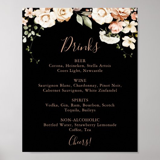 Zwart Formal Royal Floral bruiloft Drinken Menu Si Poster (Voorkant)