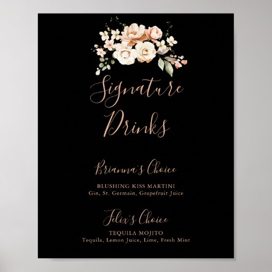 Zwart Formal Royal Floral Signature Drinken teken Poster (Voorkant)