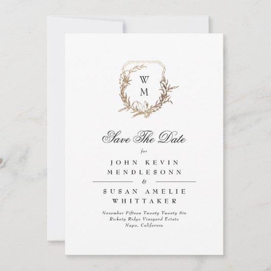 Zwart Formeel Wit Monogram Gold Crest Foto Save The Date (Voorkant)