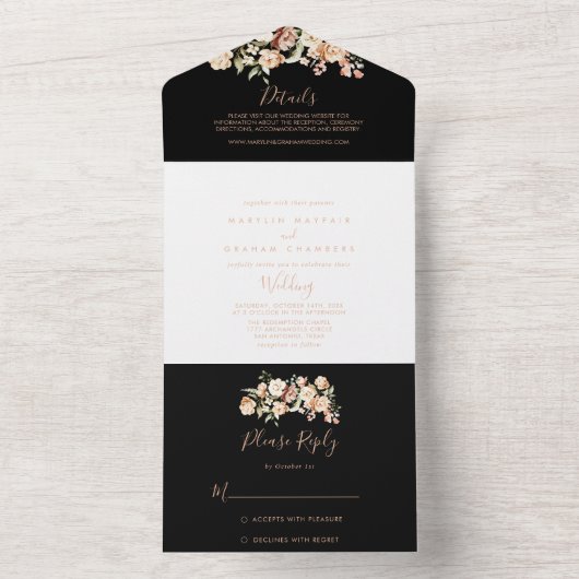 Zwart Formele Koninklijke Bloemen Bruiloft All In One Uitnodiging (Binnen)