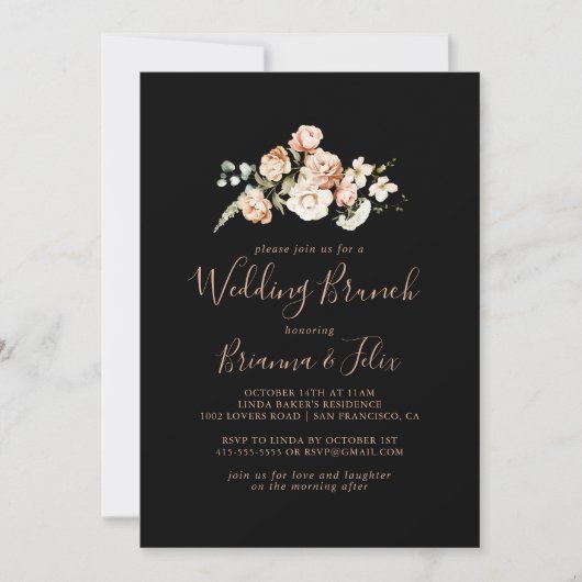 Zwart Formele Koninklijke Bloemen Bruiloft Brunch Kaart (Voorkant)
