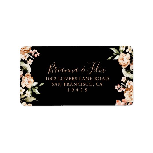 Zwart Formele Koninklijke Bloemen Bruiloft RSVP Ad Etiket (Voorkant)