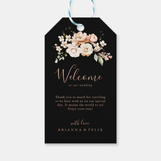 Zwart Formele Koninklijke Bloemen Bruiloft Welkom Cadeaulabel (Voorkant)