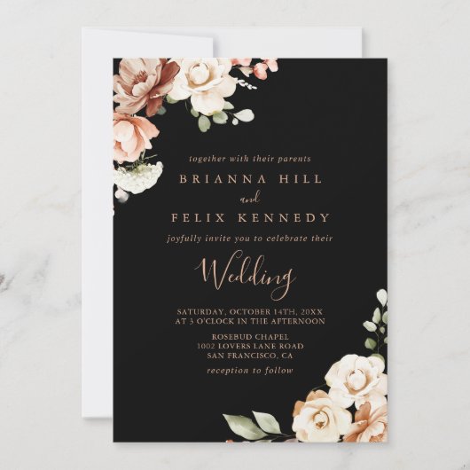 Zwart Formele Koninklijke Bloemen Voor & Achterbru Kaart (Voorkant)