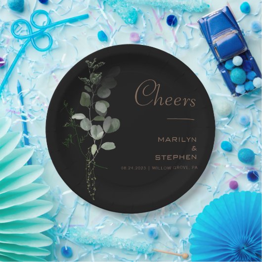 Zwart formele minimale eucalyptuskaasbruiloft papieren bordje (Feest)