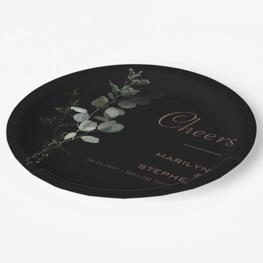 Zwart formele minimale eucalyptuskaasbruiloft papieren bordje (Gekanteld)