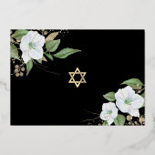 Zwart Foto Bat Mitzvah Bloemen Script Echt Goud Folie Uitnodiging (Achterkant)