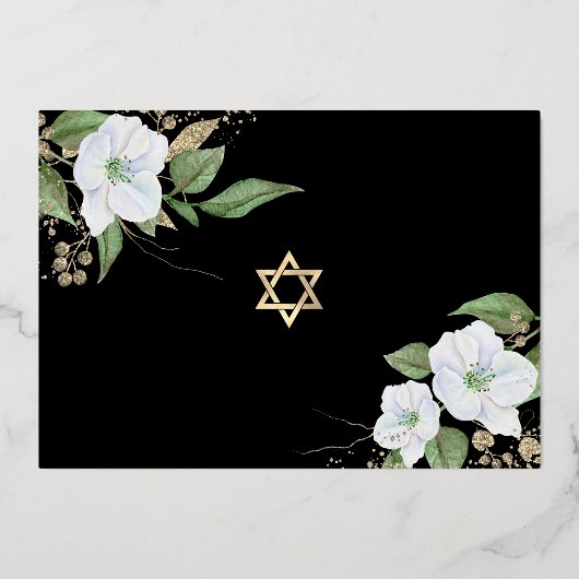 Zwart Foto Bat Mitzvah Bloemen Script Echt Goud Folie Uitnodiging (Achterkant)