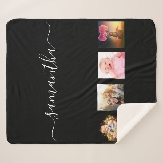 Zwart fotocollage monogram elegant sherpa deken (Voorkant (horizontaal))