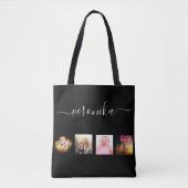 Zwart fotocollage, naamscript tote bag (Voorkant)