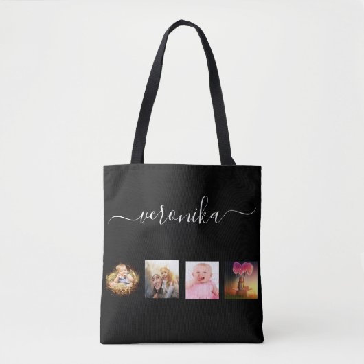 Zwart fotocollage, naamscript tote bag (Voorkant)